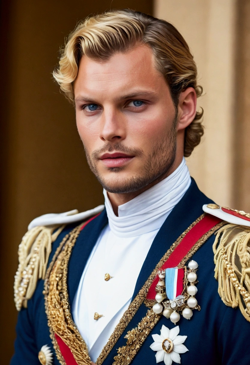 Victorian era man, 30 years old , blonde and light blue eyes, extremely handsome and manly prince of Monaco where he looks half-length with a wardrobe where you can see his insignia worthy of the Victorian era and with Jamie Dornan features
