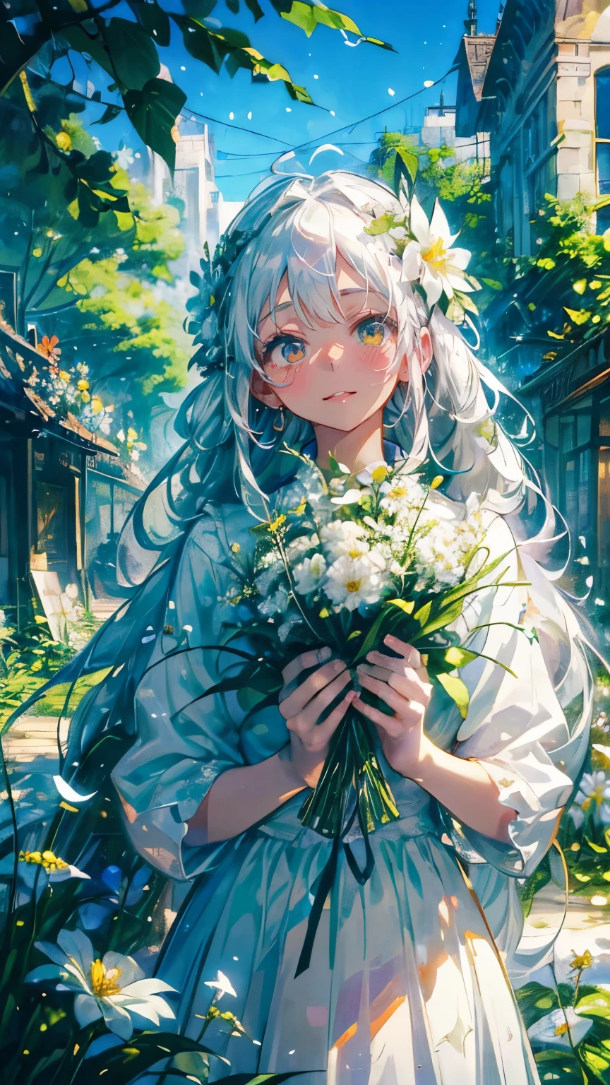 (Mastepiece), (Best Quality), Very detailed, 1 girl, (Solo Shooting:1.4), Perfect Face, beautiful girl, Very detailedな顔，(Long white hair:1.5)，(Green Eyes:1.4)，(White Dress:1.4)、(Lots of butterflies々:1.2)、bird、(Abandoned City、Plants、flower:1.4)、(たくさんのflowerびら:1.3)、Fairy、mysterious、Fantasy、beautiful、beautiful、(Close your eyes and laugh:1.3)、(Happy Face:1.4)、A big smile