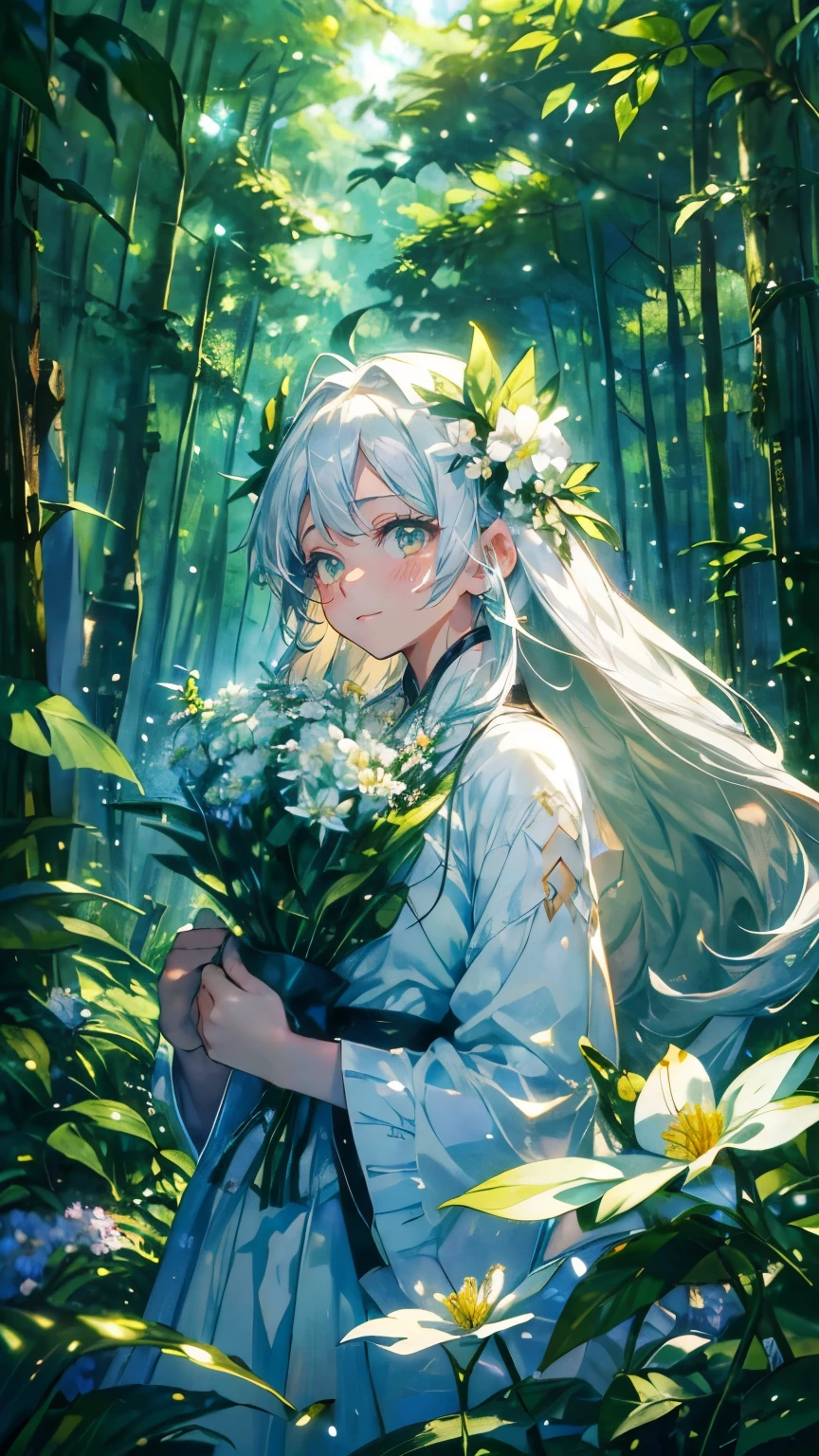 (Mastepiece), (Best Quality), Very detailed, 1 girl, (Solo Shooting:1.4), Perfect Face, beautiful girl, Very detailedな顔,(Long white hair:1.5),(Green Eyes:1.4),(White Dress:1.4)、(Lots of butterflies々:1.2)、bird、(ruins、forest、Plants、flower:1.4)、(たくさんのflowerびら:1.3)、Fairy、mysterious、Fantasy、beautiful、beautiful、(Close your eyes and laugh:1.3)、(Happy Face:1.4)、A big smile