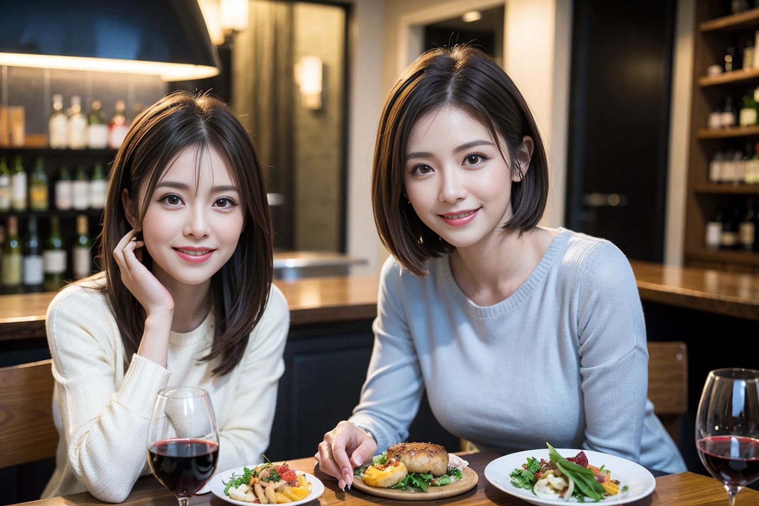 (Realistic:1.1),(masterpiece,Highest quality),8k,(49 years old), 53 years old, ベリーslimボディ、slimカップル、Tight waist,Upper Body,full-course dinner、wine 、Amazing view of the sunset sky and clouds、Perfect Anatomy, Brown Hair, short hair,Random Hairstyles,((Highly detailed face and eyes:1.2)),Perfect golden ratio face,Long sleeve shirt、dress,(smile:1.2)、Shortcuts、cute、(Realistic, Intricate details:1.2), A bright smile、short hair,Bright Face、赤wine 、Appetizers、Italian food、wine bottle、Champagne、スパークリングwine、(slimな顔), (The body is slim), (Brown Hair), (Shortcuts), Upper Body, 白wine, slim, wineグラス,