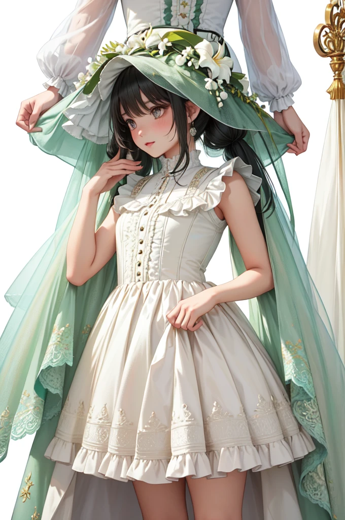 Masterpiece, Best Quality, Perfect lighting, Very detailed, 8k, wallpaper, Information Sheet, Model Sheet, Simple white background, (Dress only photo), ((clothes sheet:1.5)), (Multiple Perspectives, [whole body_From behind_From the side_from the front_feet_Upper Body]:1), Long dress, Lots of frills, Reference Art, Reference Sheet, Multiple Views, young girl with twin-tail hair, white ruffled blouse, green corset with Lily of the Valley motifs, semi-transparent green skirt with white underskirt, floral-themed shoes and accessories