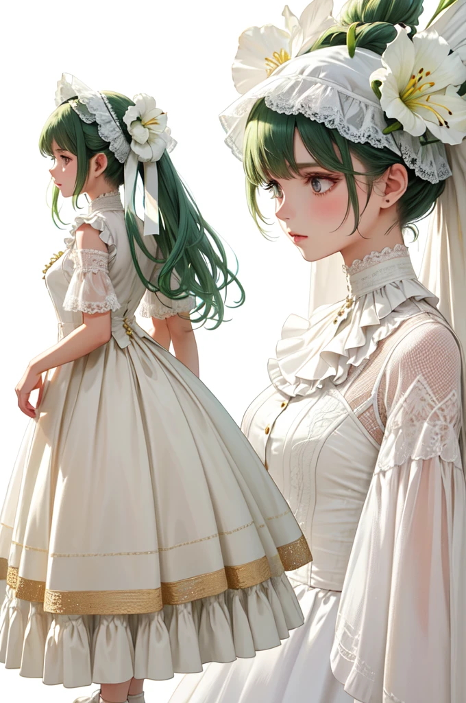 Masterpiece, Best Quality, Perfect lighting, Very detailed, 8k, wallpaper, Information Sheet, Model Sheet, Simple white background, (Dress only photo), ((clothes sheet:1.5)), (Multiple Perspectives, [whole body_From behind_From the side_from the front_feet_Upper Body]:1), Long dress, Lots of frills, Reference Art, Reference Sheet, Multiple Views, young girl with twin-tail hair, white ruffled blouse, green corset with Lily of the Valley motifs, semi-transparent green skirt with white underskirt, floral-themed shoes and accessories