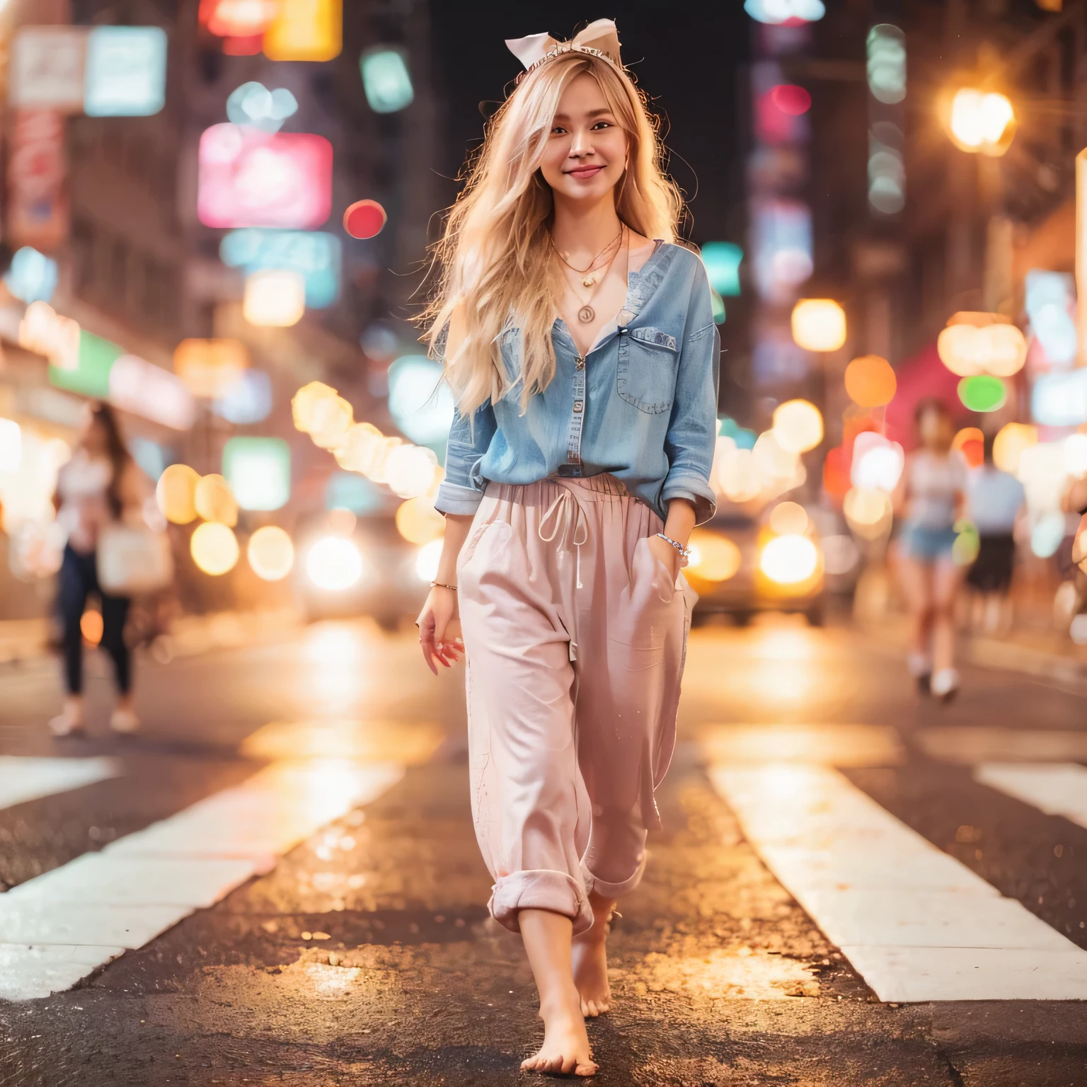 Raw photo slow motion photography,Realistic photos,Bokeh。Close-up of a Taiwanese white woman walking barefoot on the street,Splash color,beautiful taiwanese woman,long cream hair,Proud of your figure,round necklace,shy smile,casual denim T-shirt,pink jumpsuit,Colorful city lights,bow headband,Light changes create blurry background shadows and splashes,shining light,Dazzling city light effect rays,Realistic light and shadow,Rich details