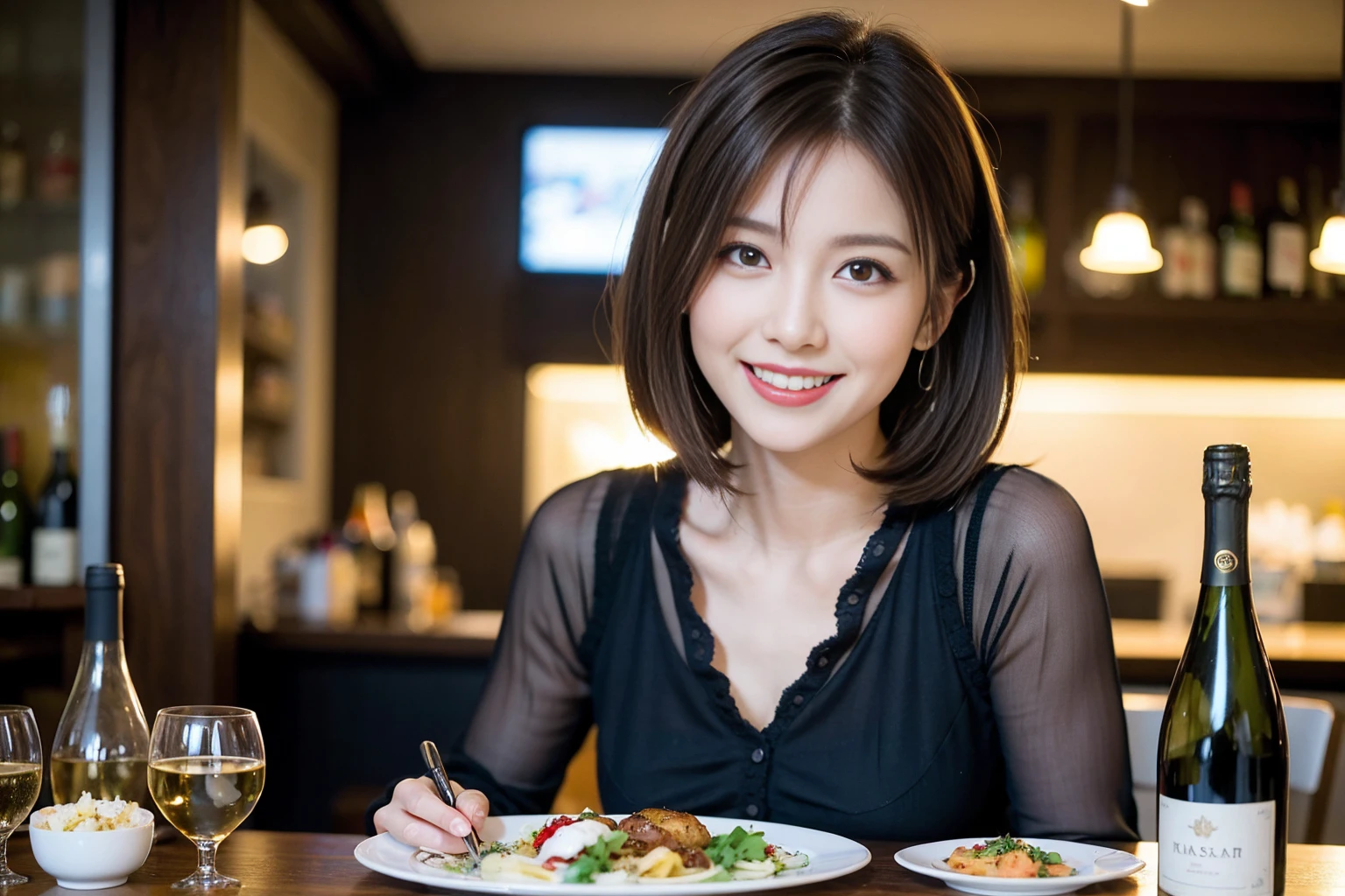 (Realistic:1.1),(masterpiece,Highest quality),8k,(49 years old), 53 years old, ベリーslimボディ、slimカップル、Tight waist,Upper Body,full-course dinner、wine 、Amazing view of the sunset sky and clouds、Perfect Anatomy, Brown Hair, short hair,Random Hairstyles,((Highly detailed face and eyes:1.2)),Perfect golden ratio face,Long sleeve shirt、dress,(smile:1.2)、Shortcuts、cute、(Realistic, Intricate details:1.2), A bright smile、short hair,Bright Face、赤wine 、Appetizers、Italian food、wine bottle、Champagne、スパークリングwine、(slimな顔), (The body is slim), (Brown Hair), (Shortcuts), Upper Body, 白wine, slim, wineグラス,