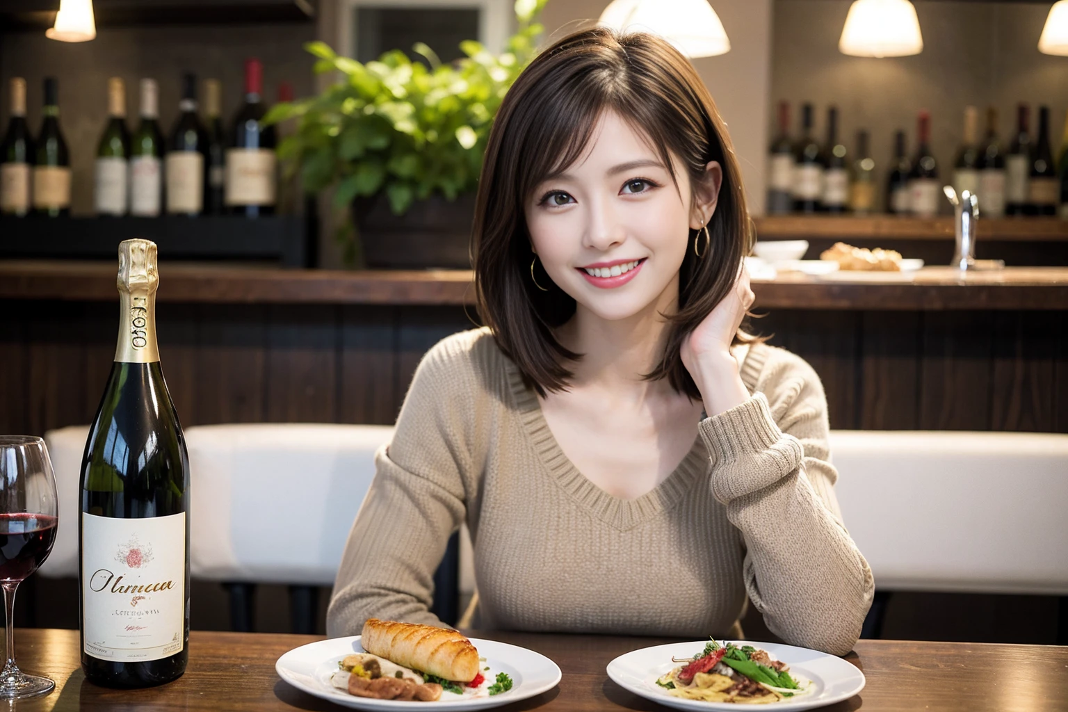 (Realistic:1.1),(masterpiece,Highest quality),8k,(49 years old), 53 years old, ベリーslimボディ、slimカップル、Tight waist,Upper Body,full-course dinner、wine 、Amazing view of the sunset sky and clouds、Perfect Anatomy, Brown Hair, short hair,Random Hairstyles,((Highly detailed face and eyes:1.2)),Perfect golden ratio face,Long sleeve shirt、dress,(smile:1.2)、Shortcuts、cute、(Realistic, Intricate details:1.2), A bright smile、short hair,Bright Face、赤wine 、Appetizers、Italian food、wine bottle、Champagne、スパークリングwine、(slimな顔), (The body is slim), (Brown Hair), (Shortcuts), Upper Body, 白wine, slim, wineグラス,