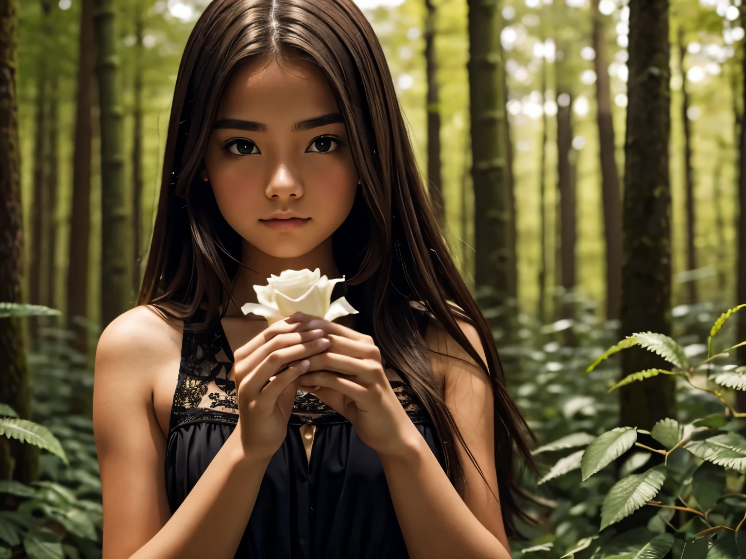 A girl, , brown hair, ember eyes, beautiful black dress, holding roses in her hands in the forest, high quality, high details
