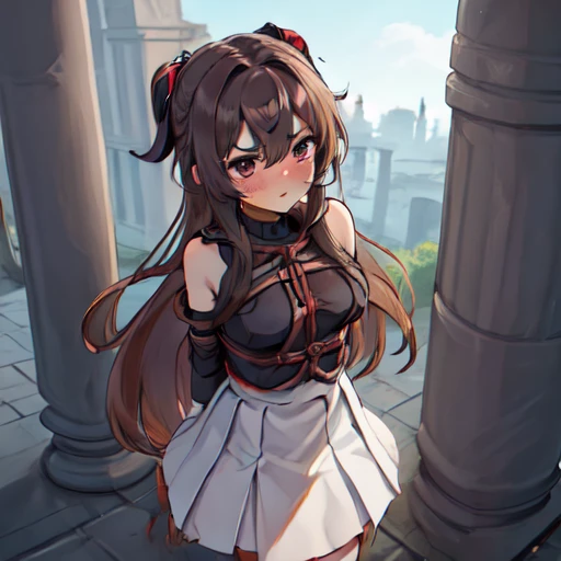 masterpiece,best quality,Very detailed,1 Girl,Solitary,Grit your teeth,Serious,Focus,V-shaped eyebrows,victory,Sweat,Sweatdrop,blush,
Aasuna,Long hair,Brown hair,Weaving,Brown eyes,Bare shoulders,armor,Breastplate,White sleeves,Separate sleeves,Red Skirt,Pleated Skirt,White stockings,
BREAK rope,,(((Rope bondage on clothes,rope,boundary,restraint,against pillar))),pillar,