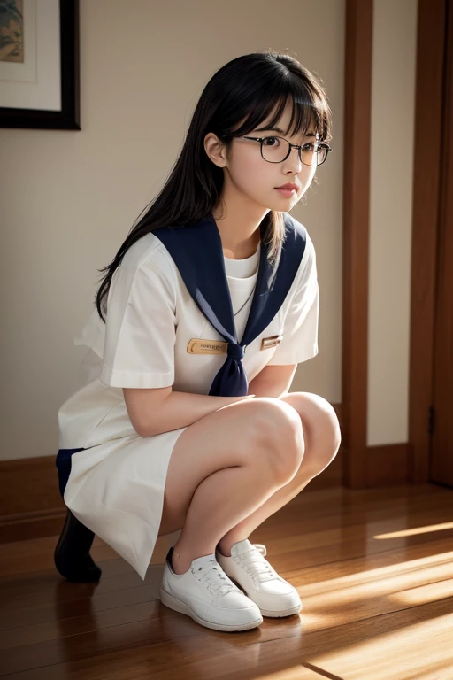 Wearing a sailor uniform and glasses、Kneeling Japanese  with long black hair, pretty girl , Looks great, Detailed face and eyes, (Highest quality,4K,8k,High resolution,masterpiece:1.2),Very detailed,(Realistic,photoRealistic,photo-Realistic:1.37),Beautiful attention to detail,Beautiful lip detail,Very detailed目と顔,Long eyelashes,Complex,delicate,elegant,Soft lighting,Warm tones,Cinema Lighting,Natural light,Atmospheric,Leg spread,Introduction to the vagina,Wet,squat,Spread it out and show it off