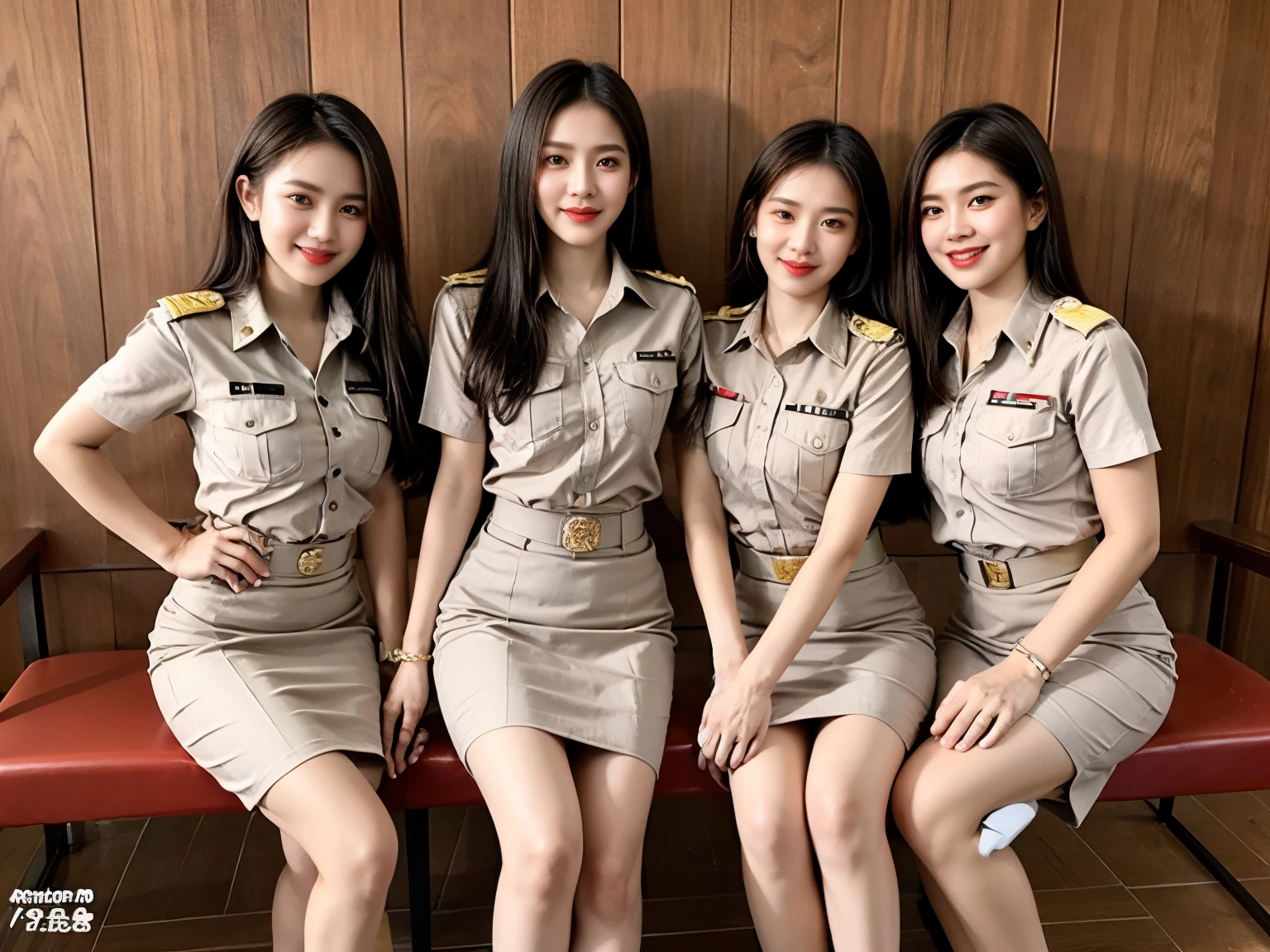 throw: ((((2 girls, 2 girls side by side, Press your chest together., massive, emphasizing the importance of being huge, gigantic , Revealing a deep rift)))) Thai Teacher, beautiful girl, Khaki suit, khaki civil servant, ชุดThai Teacher:1.3, beautiful girlผมlongเป็นพิเศษ, ผมlongสองเมตร, long hair that catches the eye, ผมlongสีดำ, ผมของเธอlongมาก., long, shiny hair, soft hair, ผมlongเป็นพิเศษ, Dynamic posts, like full body, Short sleeve shirtสีกากี, Short pencil skirtสีกากี, side cut, Decorated with military insignia.., black high heels, The sexiest, small waist, hips raised, small thighs, long legs, big breasts, big breasts:1.5, big breast, Very big breasts, eye-catching breasts, A gigantic rift, Not all coverage, big breast, big breast, 400 CC, สาวผมlongสองเมตร, Beautiful face, proportional body, Fascinating figure, red lips, Very shiny, แต่งBeautiful face, military rank insignia, Short pencil skirt, tight, Short sleeve shirt, in the background, Beautiful blur, ultra short skirt, Beautiful like an angel