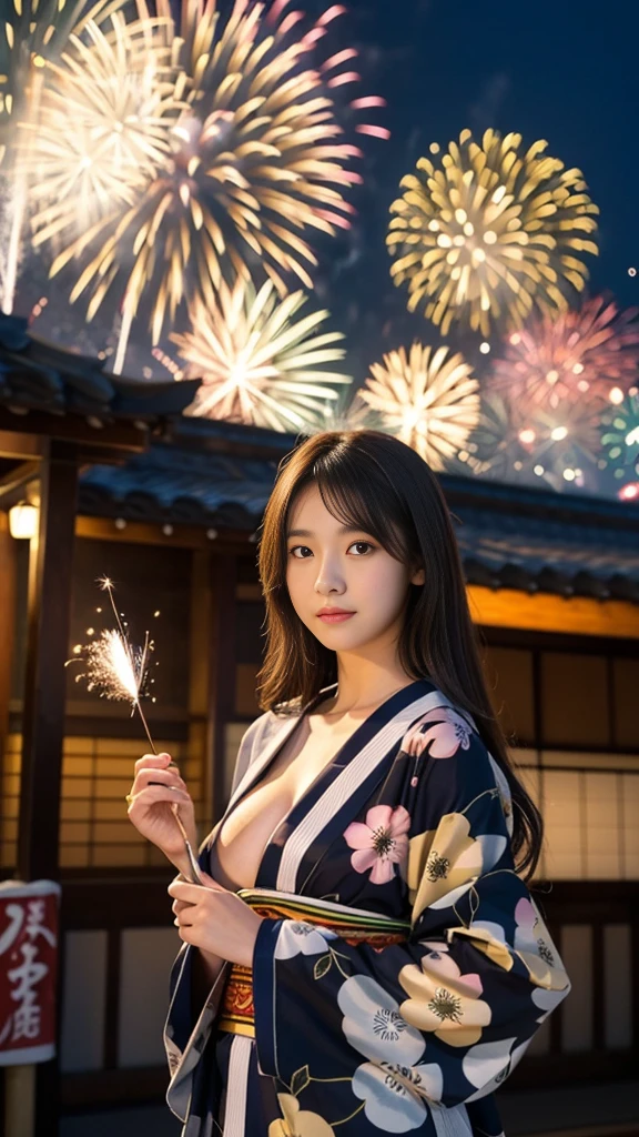 high resolution、Japanese women、beautiful、cute、Brown long hair hairstyle、Small face、肌がbeautiful、Large breasts、Reality Stick、summer、night、firework、Wearing a long-sleeved yukata、The front of the yukata is closed、打ち上げfireworkを見ている
