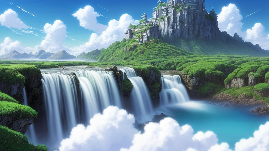masterpiece, best quality, cinematic photo of in style of hayao miyazaki，(Best quality,A high resolution,Ultra-detailed:1.2), hdr, clear blue skies, puffy white clouds, Vibrant colors, Realistic lighting, Ethereal atmosphere, Soft and gentle brushstrokes, peaceful and serene, Unobstructed panoramic views, Surreal landscape, beleza celestial, photograph, film, highres