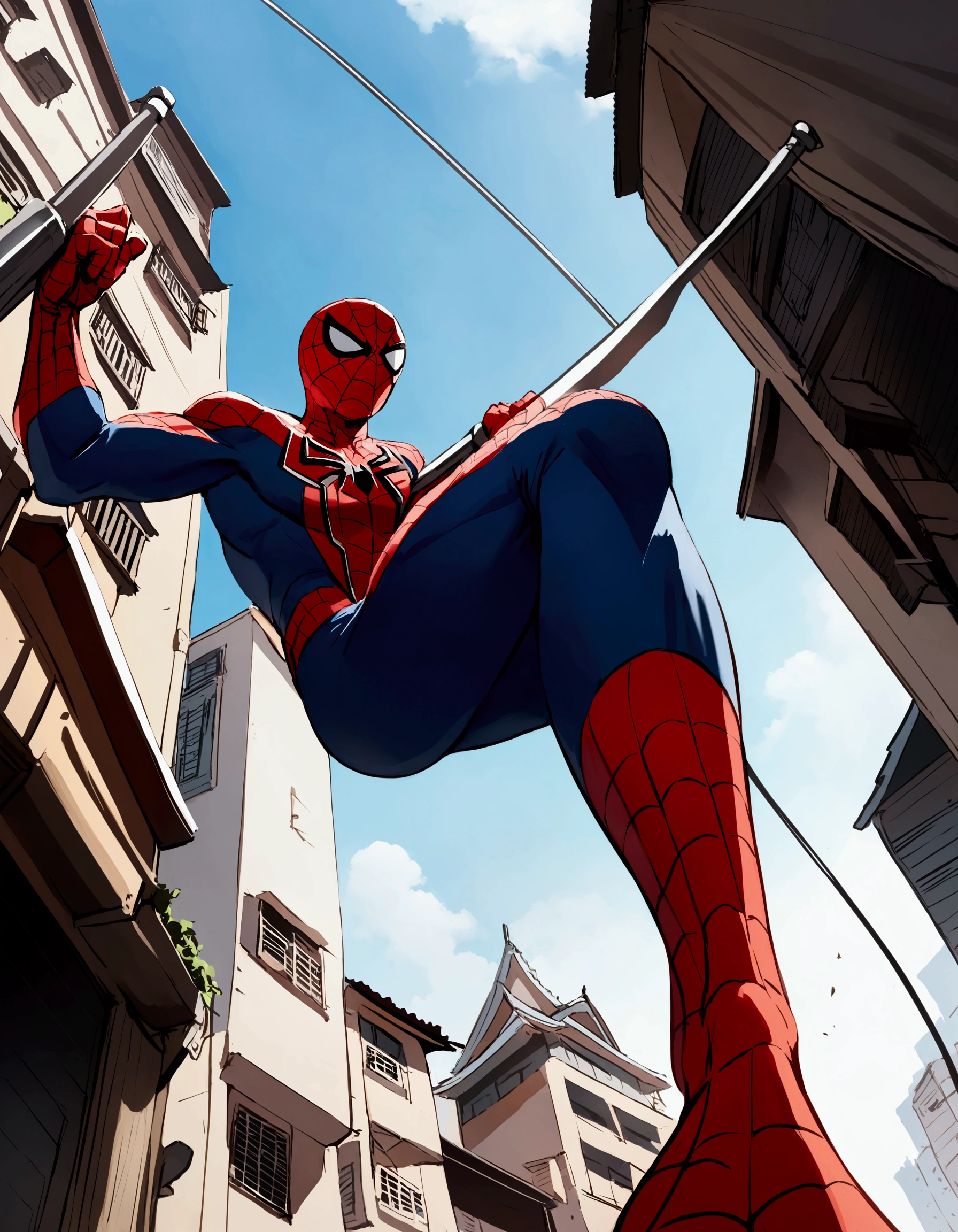 The Incredible Spiderman swinging between buildings in Bangkok, viewed from a low angle
