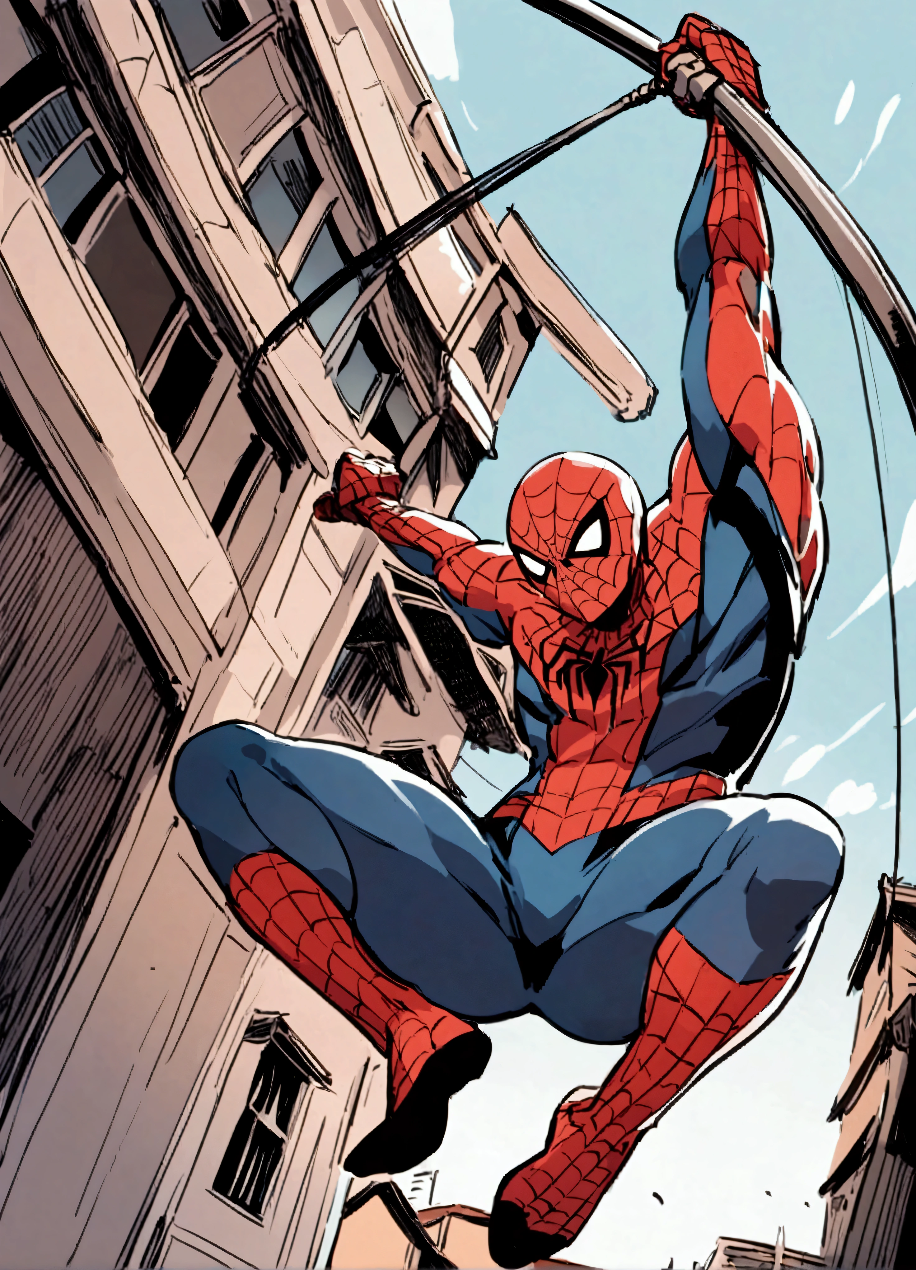 The Incredible Spiderman swinging between buildings in Bangkok, viewed from a low angle
