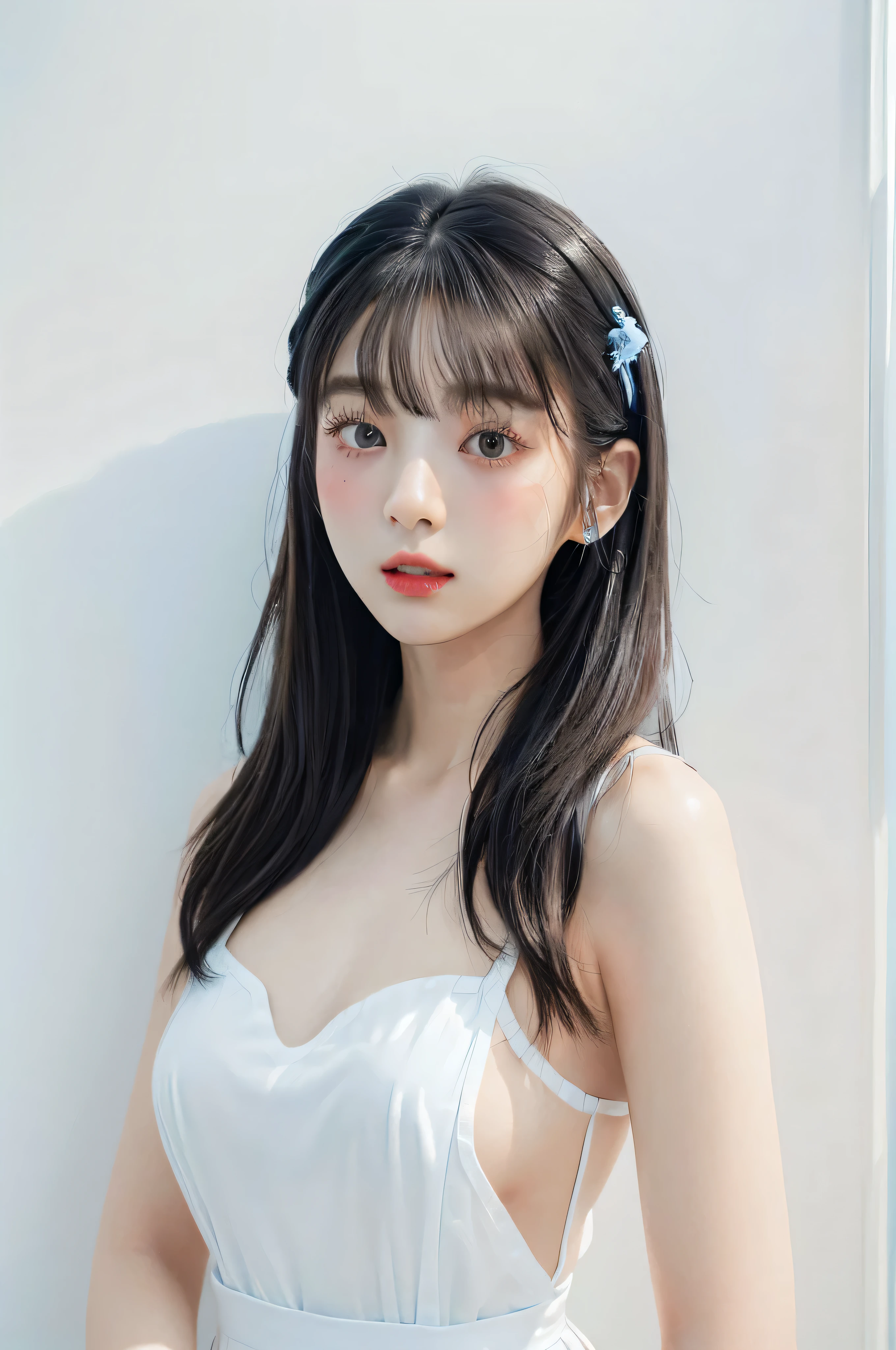 One girl,With bangs,White long dress, ,Black background, See-through tops、Big Breasts、camisole、(White wall as background、Some of her hair is sky blue:1.4)、White wall、In front of a white door、(A room with a white wall and a window)、((Highest quality、8k、masterpiece:1.3))、Ultra-high resolution、(photoGenuineistic:1.4)、RAW Photos、Japanese,(detailed aspects)、Genuine、Photographed in natural light、Highly detailed face and skin texture、Highly detailed lips、The correct state of the human body、Medium Hair、Black Hair、Various poses、Natural color lip