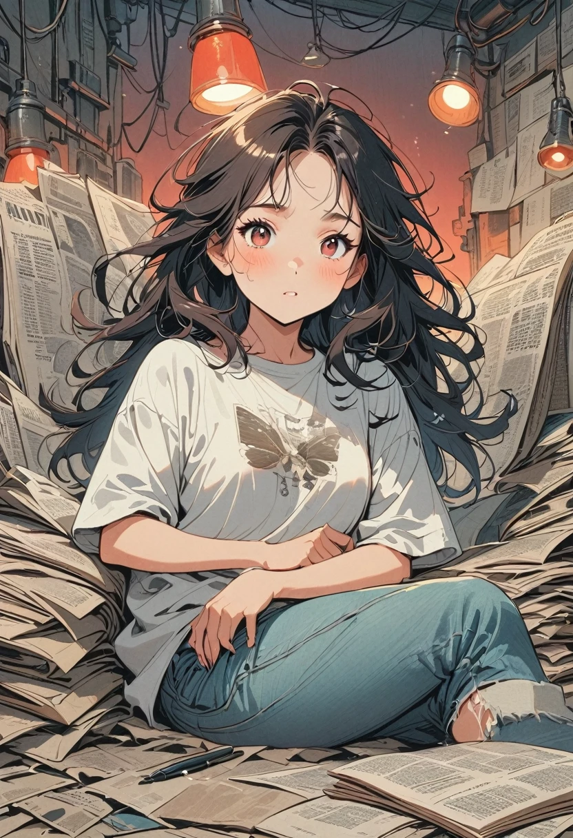 (Graphite Paint), (Beautiful and attractive girl sitting cross-legged on a pile of old newspapers in the basement), (She is wearing a white crew neck shirt and jeans), Young wild asian face, Slightly mixed face type, (Slightly square jaw: 0.4), Messy and too long, Hard curly hair, sloth, (Perfect Face), Her slender eyes narrowed a little., Sneakers, (The industrial lights on the roof give off a dim light, Weak red light: 1.34),
background: The basement is covered with old newspapers and dilapidated walls., Industrial-style, Retro Shabby,
90s anime style, Bold silhouette, Graphic Arts, Line art, Black and White, Line art with pen pressure, Pen pressure sketching, With pen pressure的书法笔, G-pen style，With pen pressure, Hand drawn thick lines, High Contrast, most models,