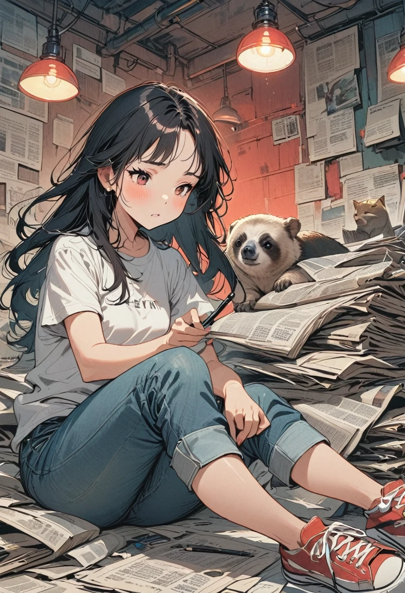 (Graphite Paint), (Beautiful and attractive girl sitting cross-legged on a pile of old newspapers in the basement), (She is wearing a white crew neck shirt and jeans), Young wild asian face, Slightly mixed face type, (Slightly square jaw: 0.4), Messy and too long, Hard curly hair, sloth, (Perfect Face), Her slender eyes narrowed a little., Sneakers, (The industrial lights on the roof give off a dim light, Weak red light: 1.34),
background: The basement is covered with old newspapers and dilapidated walls., Industrial-style, Retro Shabby,
90s anime style, Bold silhouette, Graphic Arts, Line art, Black and White, Line art with pen pressure, Pen pressure sketching, With pen pressure的书法笔, G-pen style，With pen pressure, Hand drawn thick lines, High Contrast, most models,