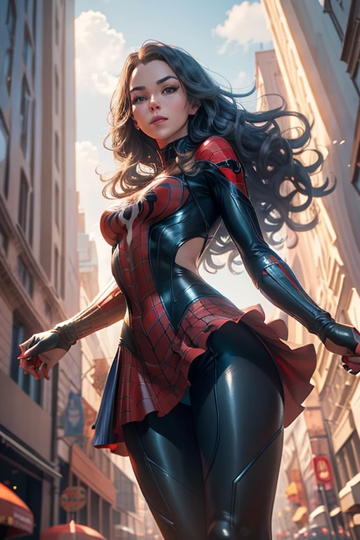 From below, A beautiful girl as spider girl, Gwen, short red skirt with wed pattern, spider man suit,Marvel on the city street, cinematic light, beautiful woman, skinny, medium breasts, black long hair, detailed face, smile, low angle shot, She wears Spider-Man suit, red and black color scheme, spider,a beautiful young woman with long flowing hair, ethereal and graceful, (best quality,4k,8k,highres,masterpiece:1.2),ultra-detailed,(realistic,photorealistic,photo-realistic:1.37),delicate facial features,big expressive eyes,long eyelashes,small nose,lush lips,pale porcelain skin,elegant posture,natural lighting,cinematic composition,fantasy,dreamlike,soft pastel colors