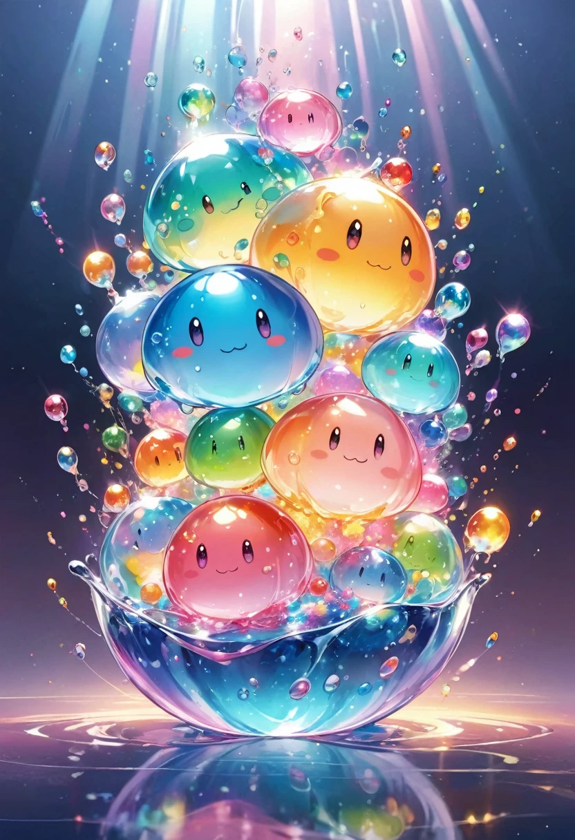 Slime, All in one, Tiny nuclei that shine in fantastical rainbow colors,and a completely melted jelly fusion, Very transparent material, High viscosity, Elasticity due to surface tension, Holographic sparkling reflections, Create an engaging impression on your audience