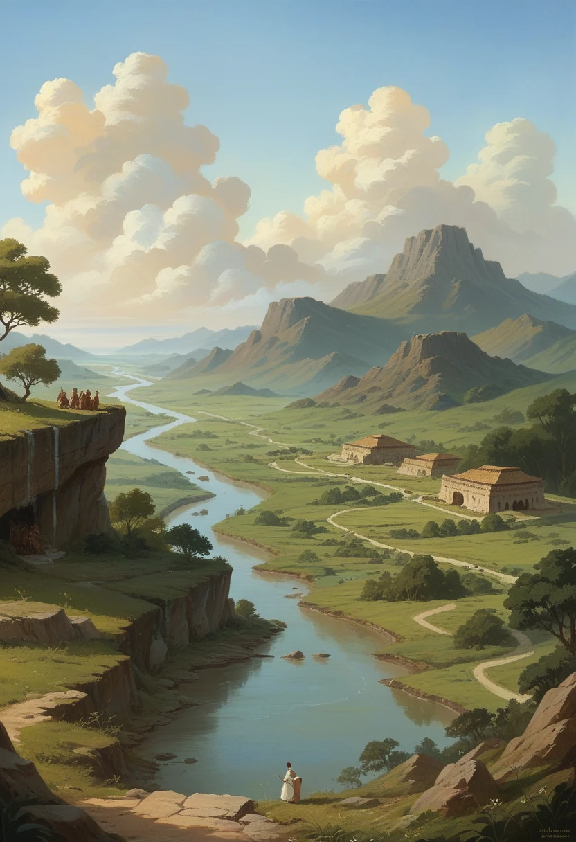 Ancient Landscape: A serene, ancient landscape with a flowing river and a couple dressed in traditional attire from an old civilization. The couple's connection is palpable as they gaze into each other's eyes.