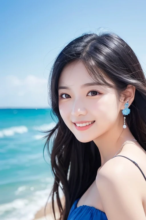 a girl wearing tiny blue sample earring, At the beach, sea, blue sky, sea breeze, half body shoot, Korean, KPOP, happy smile, group, white skin, black hair, jewelry, commercial advertising, white background, laser gradient background, subsurface scattering effect