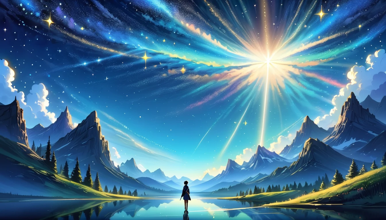 Prompt: A night sky filled with countless shining stars, a person gazing into the distance with hope, ready to embark on a courageous journey into unknown worlds, memories of the past carried in song.