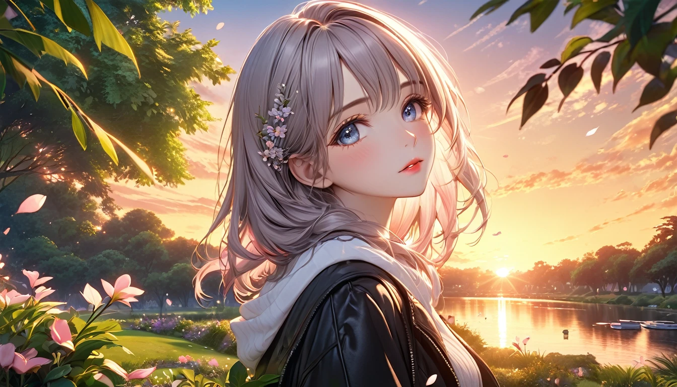 A beautiful girl in a tranquil park, sunset sky, tender farewell, highly detailed anime style, (best quality,4k,8k,highres,masterpiece:1.2),ultra-detailed,(realistic,photorealistic,photo-realistic:1.37),detailed eyes,detailed lips,long eyelashes,intricate details,warm lighting,vibrant colors,cinematic composition,emotional expression,detailed clothing,delicate petals,lush greenery,glowing sky,serene atmosphere,very long shot
