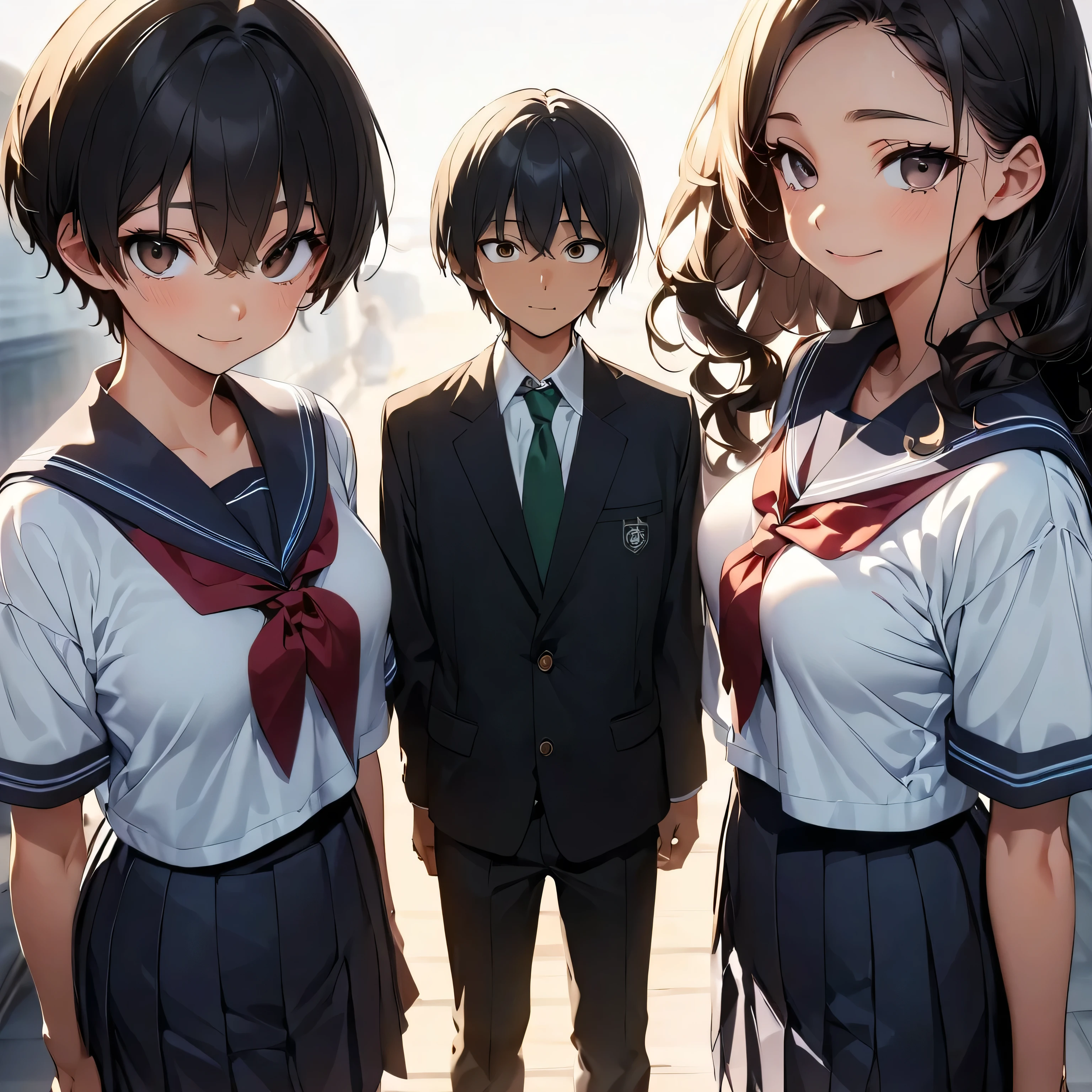 (highest quality:1.2, Very detailed, up to date, Vibrant, Ultra-high resolution, High Contrast, masterpiece:1.2, highest quality, Best aesthetics), anime, whole body, multiple people、(two girls and 1 boy:1.5), (two girls are standing on either side of the boy:1), they are 20-years-old, wearing high-school uniform, (one girl on the left ((Japanese, 20-years-old, Narrow space between the eyes, Big slant eyes, Small Nose, gold hair, Medium long wavy hair, tall, medium Breasts, sexy, slim, school uniform) and one boy in center (Japanese, 20-years-old, tall, slim, male,black hair,brown eyes) and one girl on the right (Japanese, 20-years-old, Narrow space between the eyes, Big slant eyes, Small Nose, black Hair, short cut, bob cut, medium Breasts, slim, school uniform)), (No background:1.3), ((Plain white background:1.3)), standing side by side apart, look at viewer
