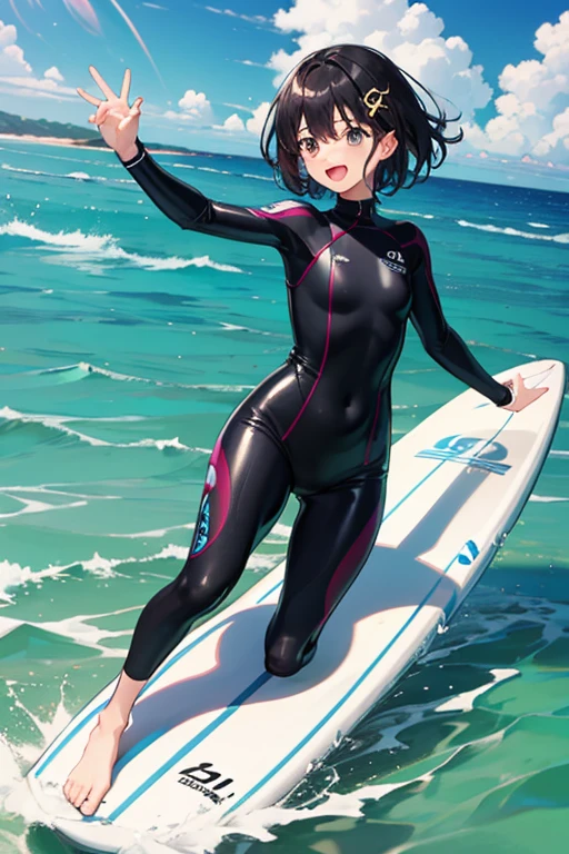 Highest quality、Black Hair、Iris、short hair、girl、cute、16 years old、、Small hair ornament、1 person、wetsuit、surfing、Ride a surfboard、A happy look、Full of energy、