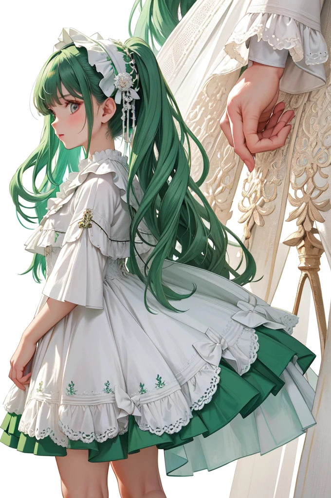 Masterpiece, Best Quality, Perfect lighting, Very detailed, 8k, wallpaper, Information Sheet, Model Sheet, Simple white background, (Dress only photo), ((clothes sheet:1.5)), (Multiple Perspectives, [whole body_From behind_From the side_from the front_feet_Upper Body]:1), Long dress, Lots of frills, Reference Art, Reference Sheet, Multiple Views, young girl with twin-tail hair, white ruffled blouse, green corset with Lily of the Valley motifs, semi-transparent green skirt with white underskirt, floral-themed shoes and accessories