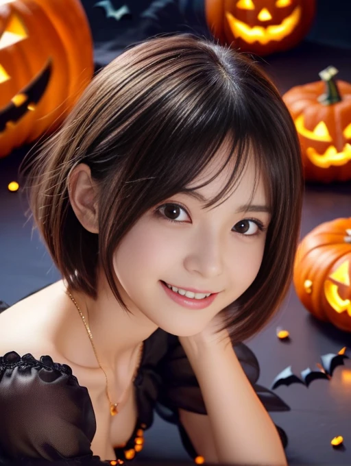 ((from below,table top),a 25 years old girl, detailed cutie face, beautiful balanced clear detailed eyes, detailed dropped eyes, ultra big smile, extremely detailed face,slender body,short hair,anime style, (halloween costume):2.0), Highres fix,colorful lights, pumpkin decorations, haunted house, best quality, 4k, highres, masterpiece, realistic, photorealistic, photo-realistic, vivid colors, intricate details, fantasy, soft lighting, magical