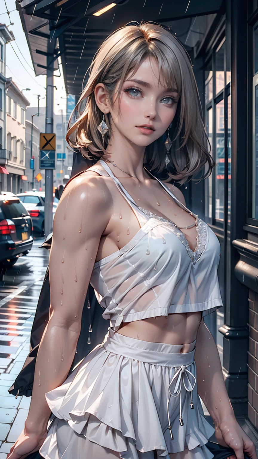 ((Highest quality, 8k, masterpiece:1.3)), concentrated:1.2, Perfect Body Beauty:1.4, Hips:1.2, ((Layered Haircut, chest:1.2)), (Wet clothes:1.1) , (rain, street:1.3), Bandeau dress: 1.1, Highly detailed face and skin texture, Beautiful Eyes, double eyelid, White skin, Long Hair, (shut up: 1.3)、24-year-old female、Silver Hair、Sexy proportions、Vertical roll on one side((side drill))、Crystal Earrings((crystal earrings))