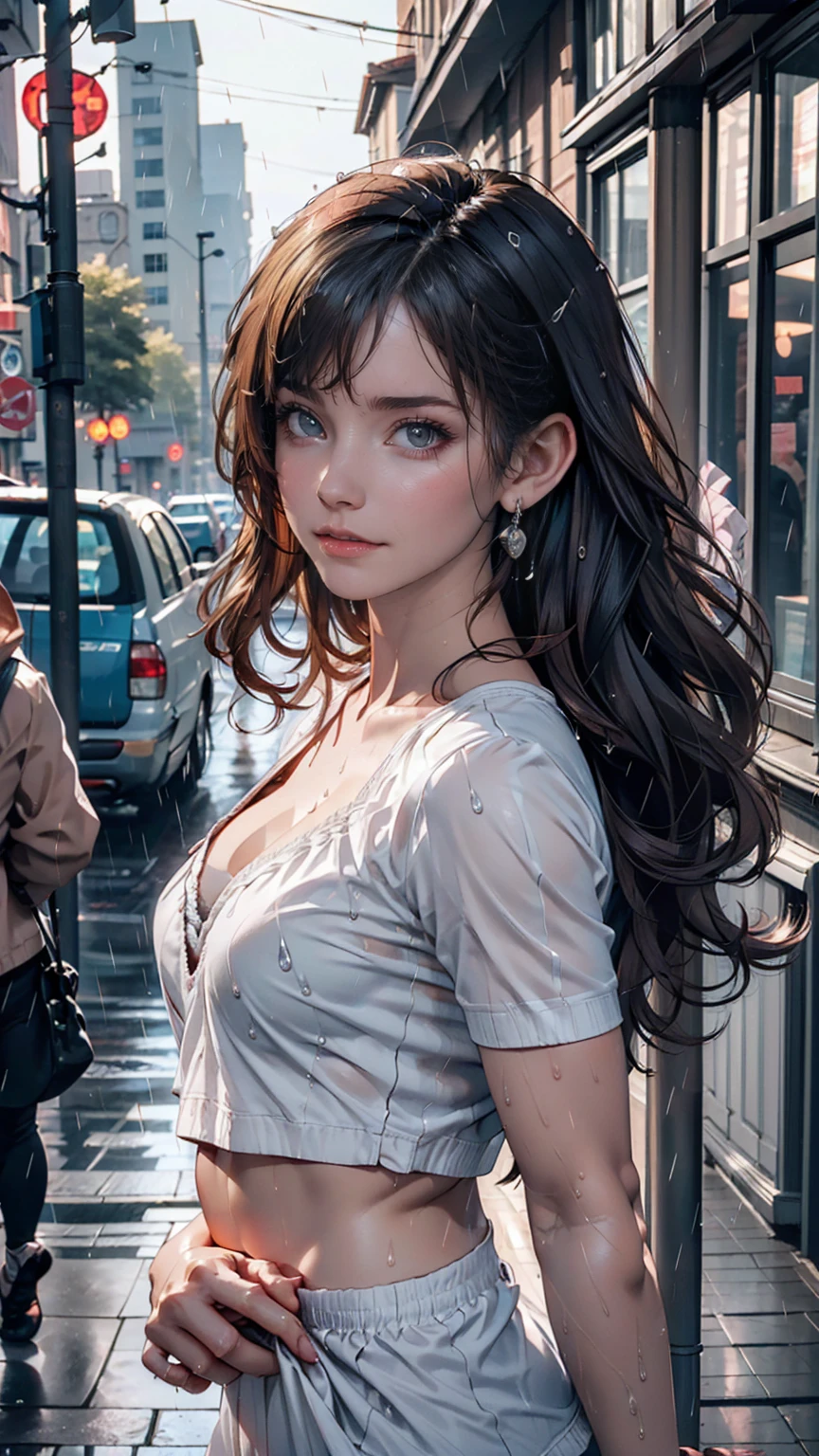 ((Highest quality, 8k, masterpiece:1.3)), concentrated:1.2, Perfect Body Beauty:1.4, Hips:1.2, ((Layered Haircut, chest:1.2)), (Wet clothes:1.1) , (rain, street:1.3), Bandeau dress: 1.1, Highly detailed face and skin texture, Beautiful Eyes, double eyelid, White skin, Long Hair, (shut up: 1.3)、24-year-old female、Silver Hair、Sexy proportions、Vertical roll on one side((side drill))、Crystal Earrings((crystal earrings))