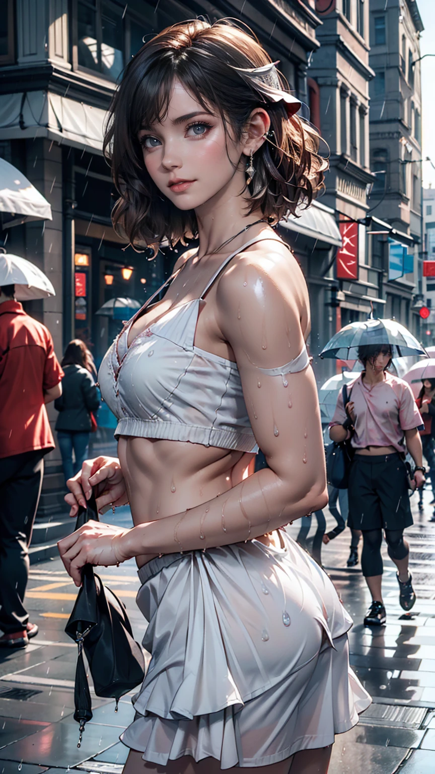 ((highest quality, 8k, masterpiece:1.3)), concentrated:1.2, Perfect body beauty:1.4, Hips:1.2, ((Layered Haircut, chest:1.2)), (Wet clothes:1.1) , (rain, street:1.3), Bandeau dress: 1.1, Highly detailed face and skin texture, Beautiful Eyes, double eyelid, White skin, Long Hair, (shut up: 1.3)