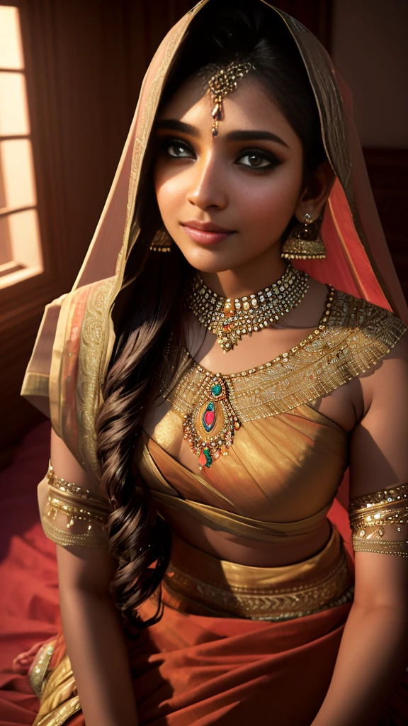 1girl, sexy, 28 years Indian woman, looking at camera, smiling, lustful eyes, middle aged bhabhi, sitting on knees, sitting on bed, (freckles:0.2), long straight hair, ((thick detailed lips)), bedroom, detailed background, indoor, hires, (photorealistic:1.4), wide shot, full body photo, beautiful fluffy saree, thick curvy aunty, highly detailed, hyper realistic, traditional colourful saree, wind blowing, big chest, dusky skin, most beautiful woman, beautiful body, beautiful eyes nose lips, superb lighting, shot from above, shot from some distance, wide angle view