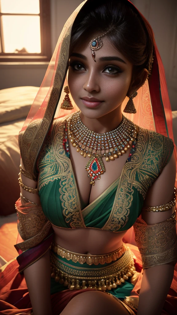 1girl, sexy, 28 years Indian woman, looking at camera, smiling, lustful eyes, middle aged bhabhi, sitting on knees, sitting on bed,  (freckles:0.2), long straight hair, ((thick detailed lips)), bedroom, detailed background, indoor, hires, (photorealistic:1.4), wide shot, full body photo, beautiful fluffy saree, thick curvy aunty, highly detailed, hyper realistic, traditional colourful saree, wind blowing, big chest, dusky skin, most beautiful woman, beautiful body, beautiful eyes nose lips, superb lighting, shot from above, shot from some distance, wide angle view