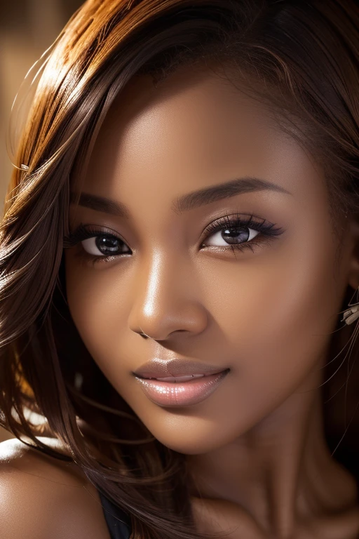 Black woman from Africa,  Cinematic photography,(Ultra Realistic, High resolution), (Highly detailed eyes, Highly detailed hair, highly Detailed face, Highly detailed plump lips，Perfect Anatomy),(Highest quality:1.4), (Realistic, photo-Realistic:1.37), Professional photography, Cinematic Light, (Detailed face: 1.2), Waistline,smile, Highly detailed skin,very thin fingers, Highly detailed nose, Highly detailed mouth