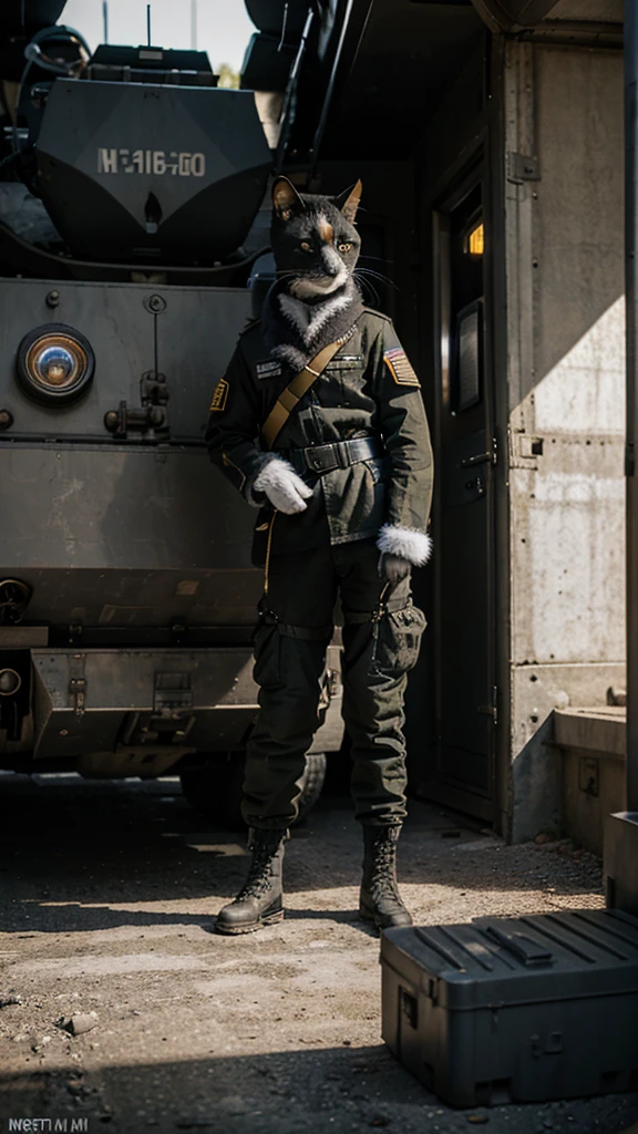 A photorealistic image of a little black and white cat standing like a human being in front of a military car, wearing a detailed military kit, holding a pistol between its paws. The background shows a military base with vehicles and personnel in motion. The image captures the scene with 8k resolution, sharp focus, and realistic lighting, emphasizing the textures of the cat's fur and the military uniform. The camera angle is a low shot, adding a dramatic effect to the scene. The overall mood is intense, with a mix of natural and artificial lighting to enhance realism.
