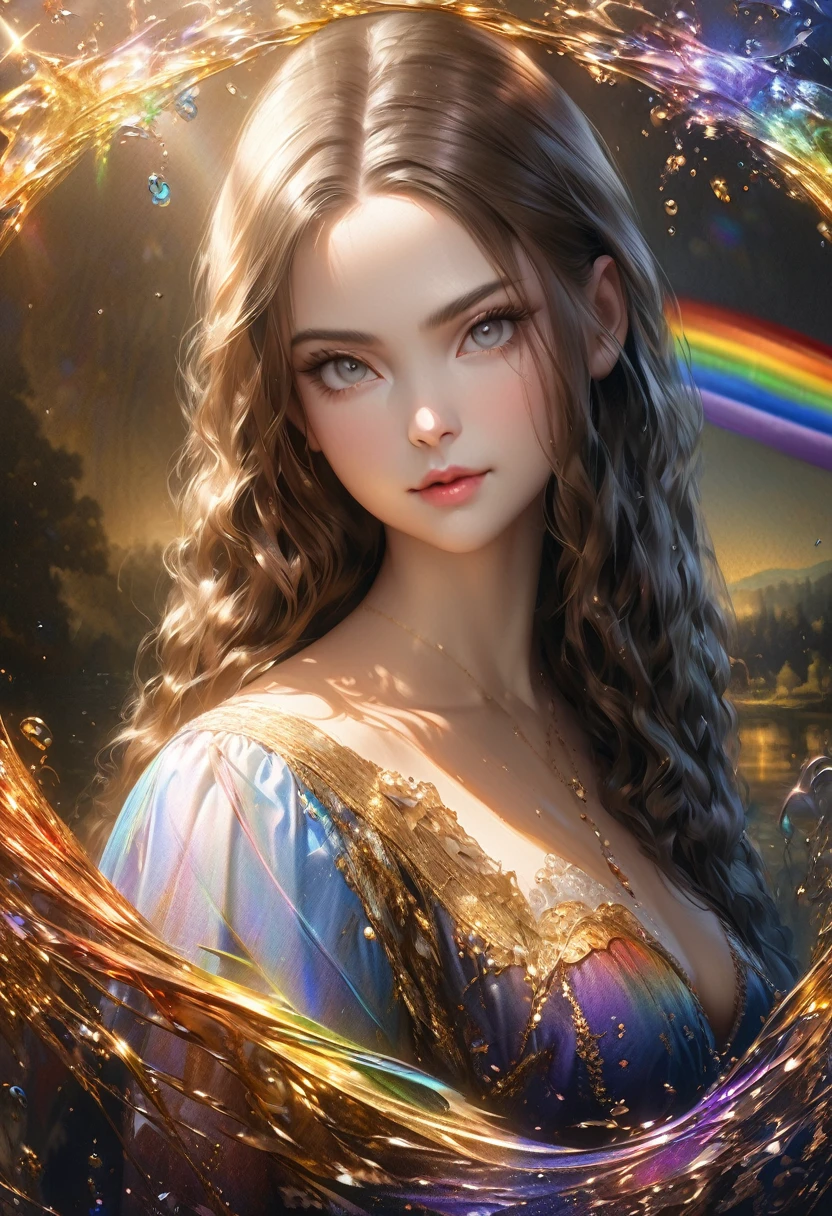homage to the painting Mona Lisa, painted with gold, silver and rainbow threads, shading effects, gradation magic effects, (ultra detailed, absolutely resolution, best quality:1.3), 2.5D, delicate and dynamic, artistic photography, hyper realistic, graphic CG digital art