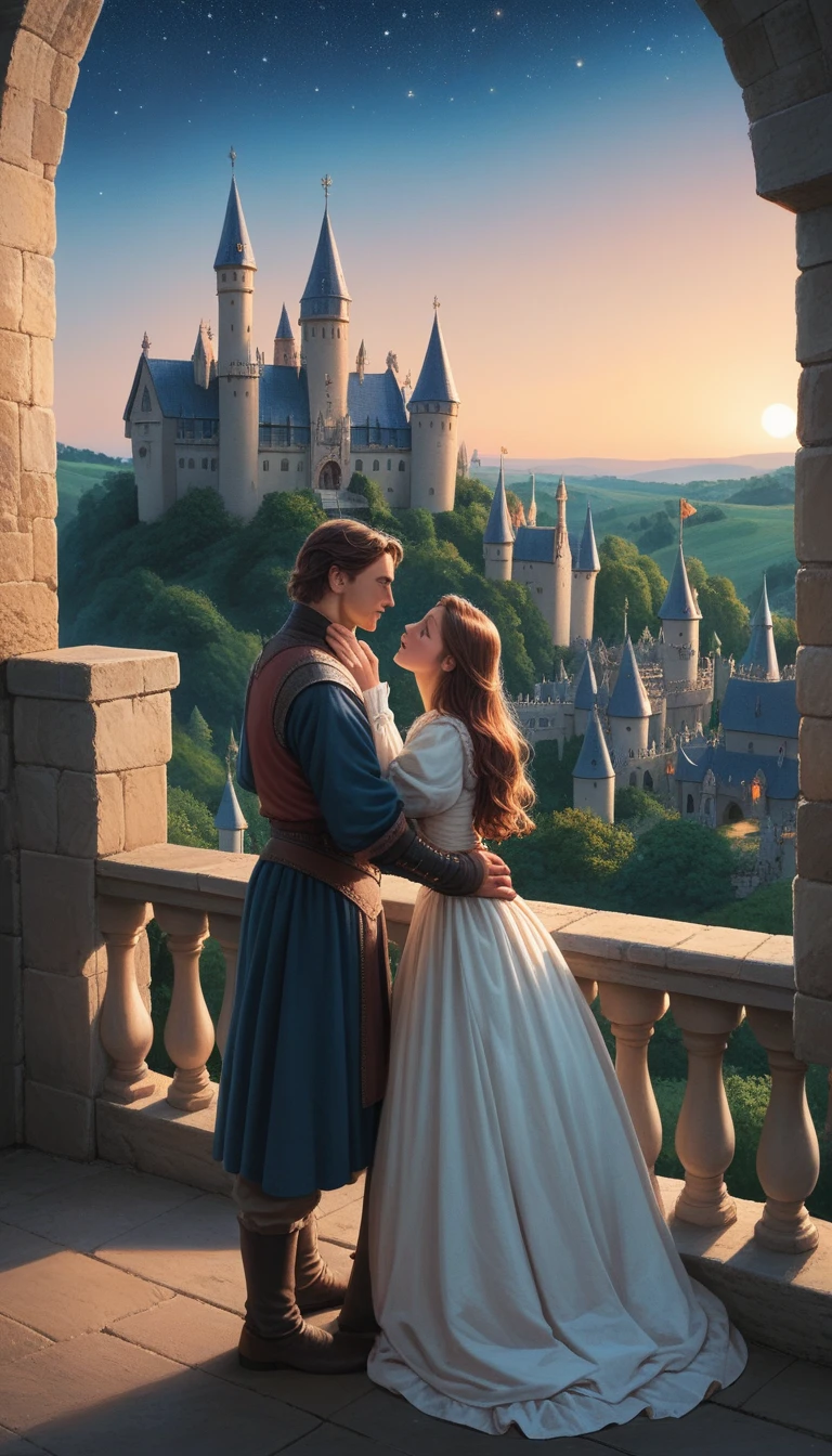 Medieval Castle: A grand medieval castle setting with the couple dressed in regal, period-specific clothing. They are standing on a balcony, looking out at a starry night sky, their hands gently touching.
