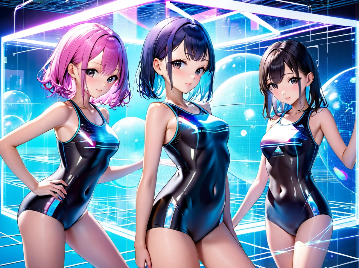 School swimsuit 3girls, cyber world, hologram,　School swimsuit, cyber world, Hologram, SF, gleaming, glamourous