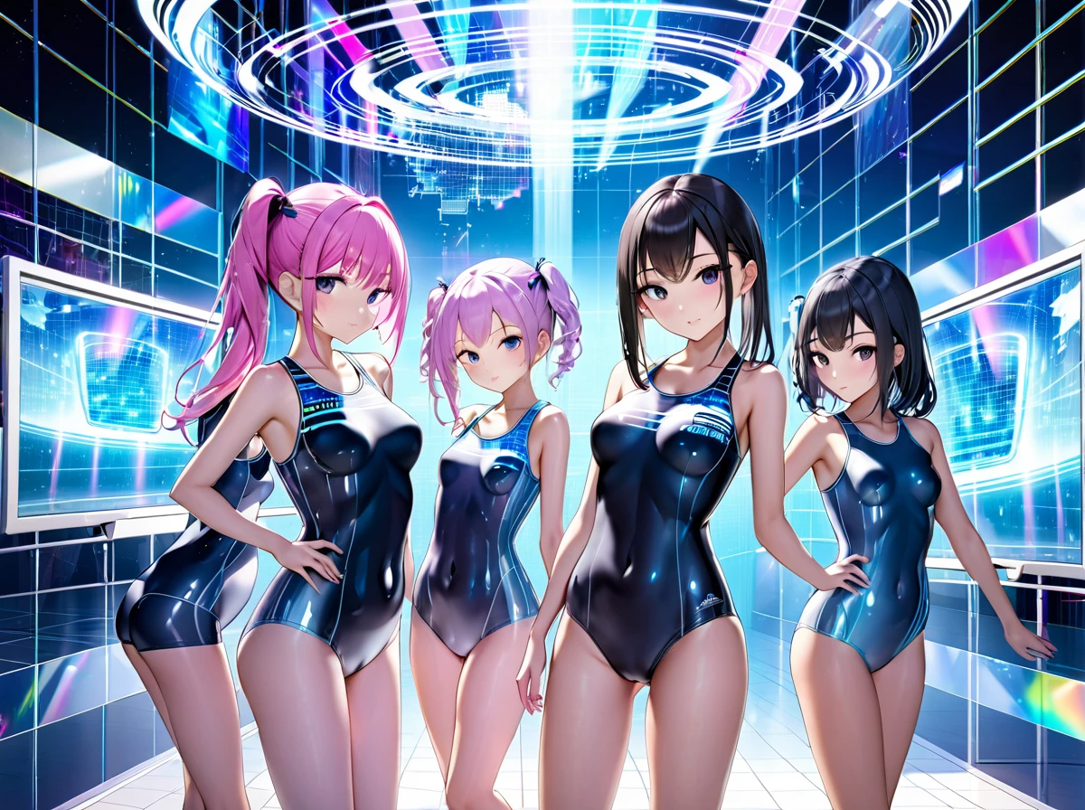 School swimsuit 3girls, cyber world, hologram, School swimsuit, cyber world, Hologram, SF, gleaming, glamourous