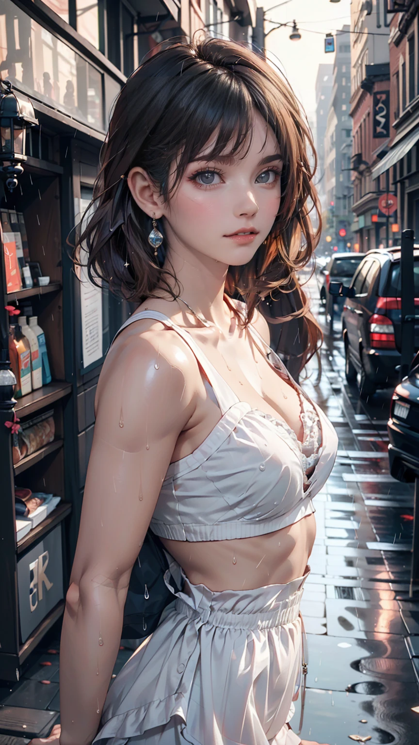 ((Highest quality, 8k, masterpiece:1.3)), concentrated:1.2, Perfect Body Beauty:1.4, Hips:1.2, ((Layered Haircut, chest:1.2)), (Wet clothes:1.1) , (rain, street:1.3), Bandeau dress: 1.1, Highly detailed face and skin texture, Beautiful Eyes, double eyelid, White skin, Long Hair, (shut up: 1.3)、24-year-old female、Silver Hair、Sexy proportions、Vertical roll on one side((side drill))、Crystal Earrings((crystal earrings))