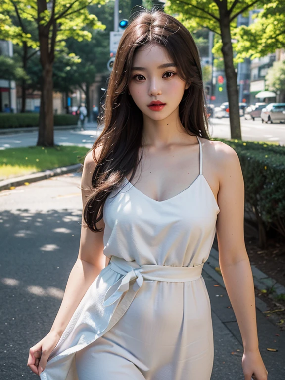 (8 K, RAW photo, Best quality, masterpiece:1.2), (realistic, photo-realistic:1.37), professional lighting, photon mapping, radiation, Korean doll, Park, white summer dress