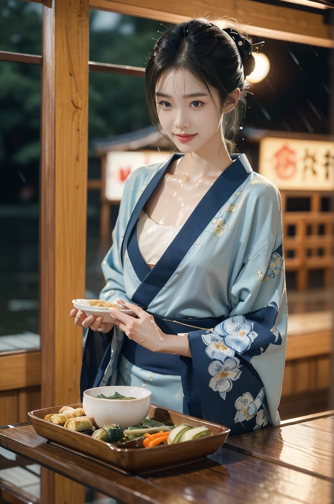 (((best quality))),(((ultra detailed))),(((masterpiece))),illustration,((1 beautiful Japannese girl,solo)),((slim,thin)),((small breasts,flat chest)),(in izakaya:1.3),(summer:1.2),(rainy:1.3),(indoor:1.2),(night scene:1.3),(wet:1.3),(collar:1.2),(blue floral kimono:1.3),neat bun,porcelain skin,rouge,dimly lit,warm glow,ethereal,(standing beside the table:1.3),sake bottle,half-empty glass,tray,grilled fish,steamed vegetables,half-eaten,melancholic smile,storm,solitude,enigmatic aura,tranquility,chaos,simplicity,mysterious,captivating,((from front,upper body))