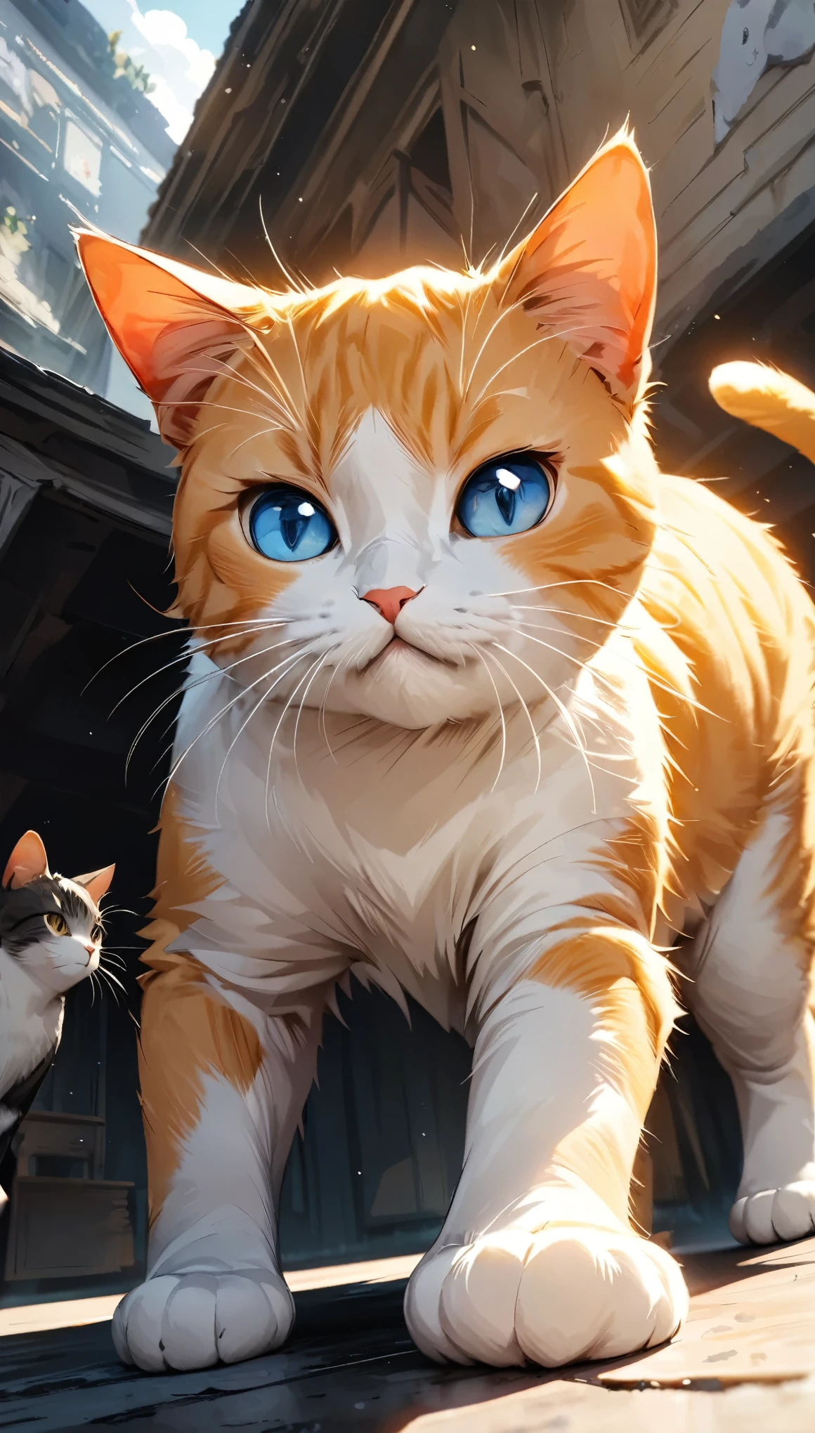 ((One cat)), Being stared at by a cat, Eyes aiming at prey, Cute cat, The front legs hang, Low - Angle:1.2, Beautiful illustrations, (Highest quality:1.2, Very detailed, Attention to detail, digital coloring, High Contrast, masterpiece:1.2, Highest quality, Best aesthetics),