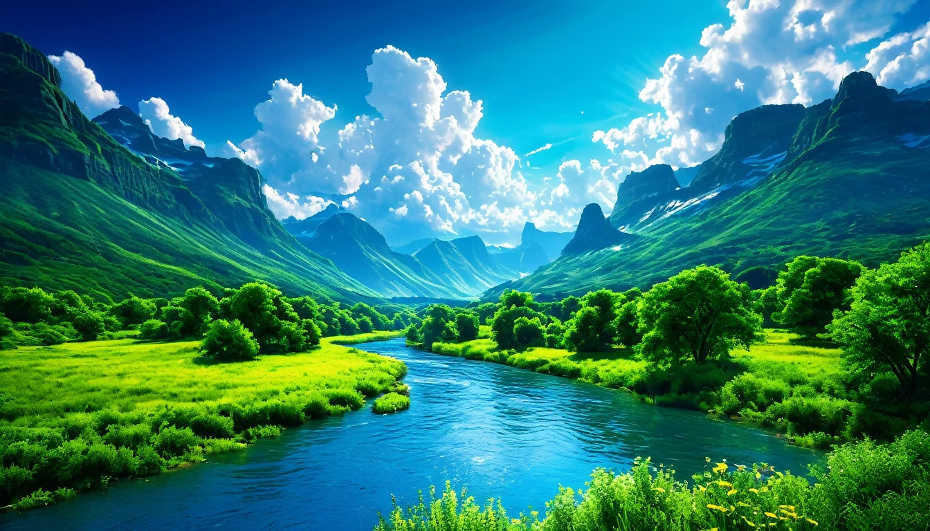 Summer sky,Realistic,Very realistic,Extremely detailed,Breathtakingly realistic,High contrast realism,High Saturation Realism,Vibrant colors,Dramatic lighting,Charming landscape,Persuasive storytelling,Atmospheric scenery,Captivating visuals,Intricate details,Strong emotions,Heavenly beauty,A dreamlike world, river