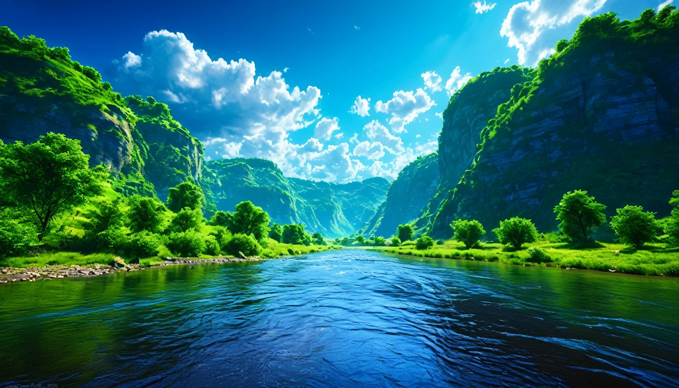 Summer sky,Realistic,Very realistic,Extremely detailed,Breathtakingly realistic,High contrast realism,High Saturation Realism,Vibrant colors,Dramatic lighting,Charming landscape,Persuasive storytelling,Atmospheric scenery,Captivating visuals,Intricate details,Strong emotions,Heavenly beauty,A dreamlike world, river
