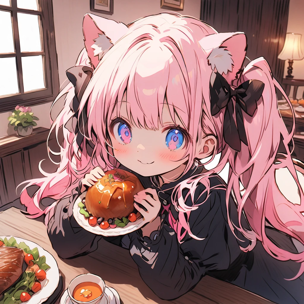 Prompt: Create an image of a cute 9--old l with cat ears and twin tails, having dinner. She has pink hair and heterochromatic eyes (one blue and one green). She is sitting at a dinner table with a happy and content expression on her face. The background shows a cozy, warmly lit dining room, and the table is set with a variety of delicious-looking dishes. The girl's cat ears are perked up, and her twin tails are tied with small bows, adding to her adorable appearance.

