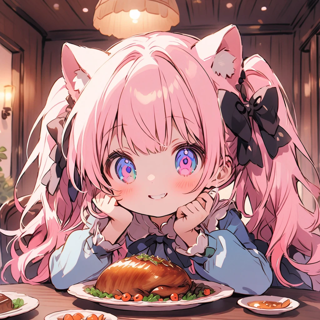Chibi Cat Character、kawaii、A pink-haired、snowy background、showy、Sexy Character、Put a good morning letter、