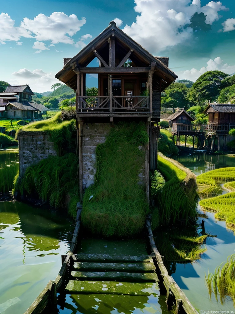 a serene beach with a lush rice field, a charming little house nestled in the corner, (hyperrealistic:1.2),(verydetailed:1.2),(4d:1.2),(masterpiece:1.2),dramatic lighting,stunning colors,cinematic composition,photorealistic,intricate details,highly realistic,beautiful landscape,peaceful atmosphere,idyllic scene,dramatic sky,cinematic feel,vibrant colors,dramatic lighting,stunning scenery,serene environment,beautiful architectural elements,picturesque countryside,bluesky setting